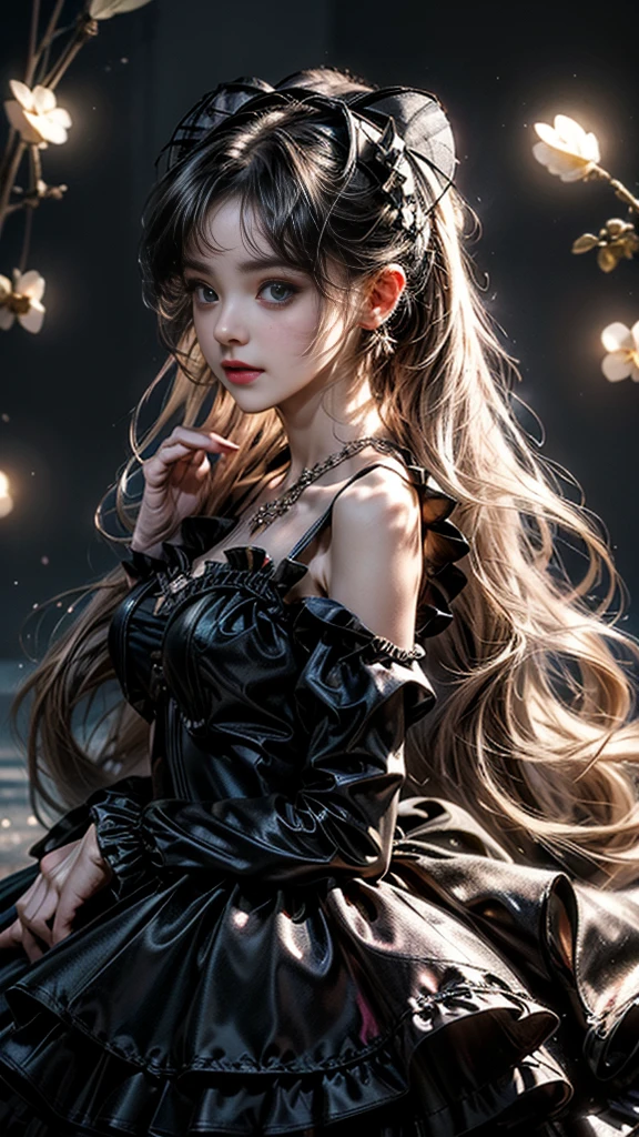 8K, ultra hd, masterpiece, 1 girl, (innocent face:1.4), detailed eyes, very long hair,soft makeup, impressive hairstyle, earings, necklace, medium breasts, (black dress:1.5), (Lolita dress:1.5) Light-colored foundation brings out the transparency of the skin, (in the wonderland:1.5), mystery, diwali lights, glowing lights, very decoration, The lights falls like water, perfect body,looking at viewer, model pose ,(bestquality lighting and shadow)