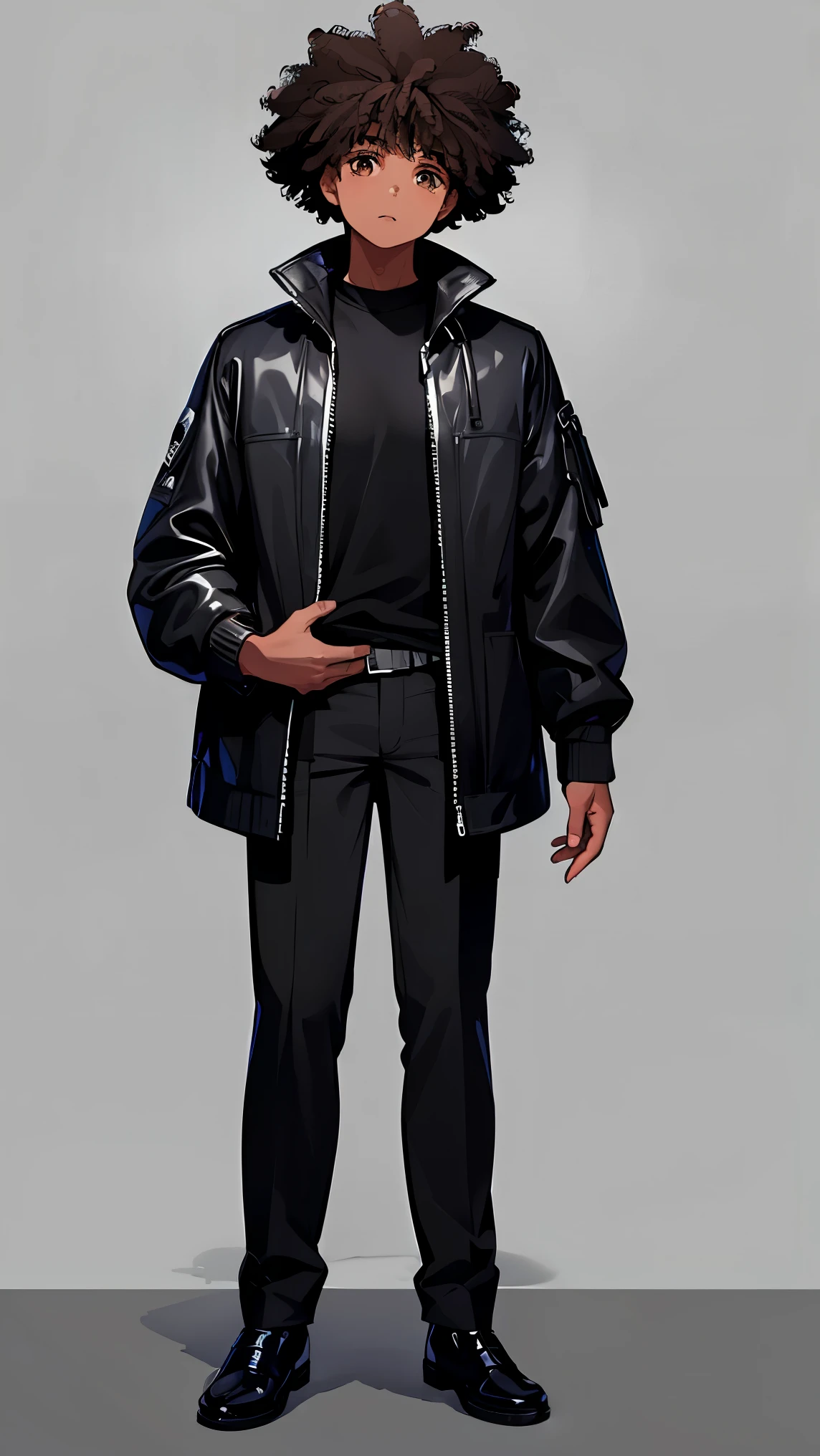 (Man1,Oval face,brown eyes),(dark skin),(black hair,afro fade haircut),(black jacket,black pants),full body,standing,Highly detailed ,8K wallpapers،Highest quality, high resolution, beautiful lighting, detailed shadow,high resolution،highly detailed,(detailed faces and eyes,realistic eyes)