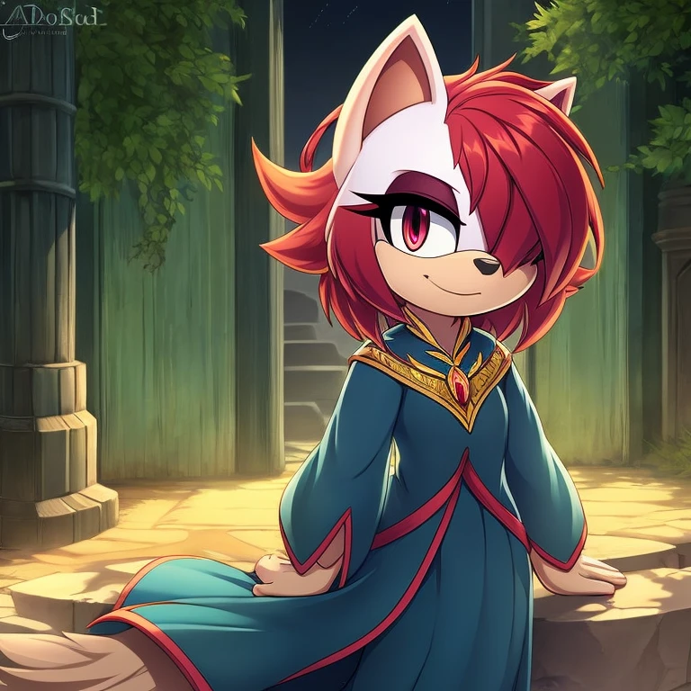 solo, Sage, mobian, slit pupils, cat ears, female mobian, looking at viewer, (white hair, red hair, two-tone hair, hair over one eye), red eyes, outline, Intricate Details, Masterpiece, Best Quality, High Quality, Studio Quality, Best Detail, Perfect Detail, Refine Detail.