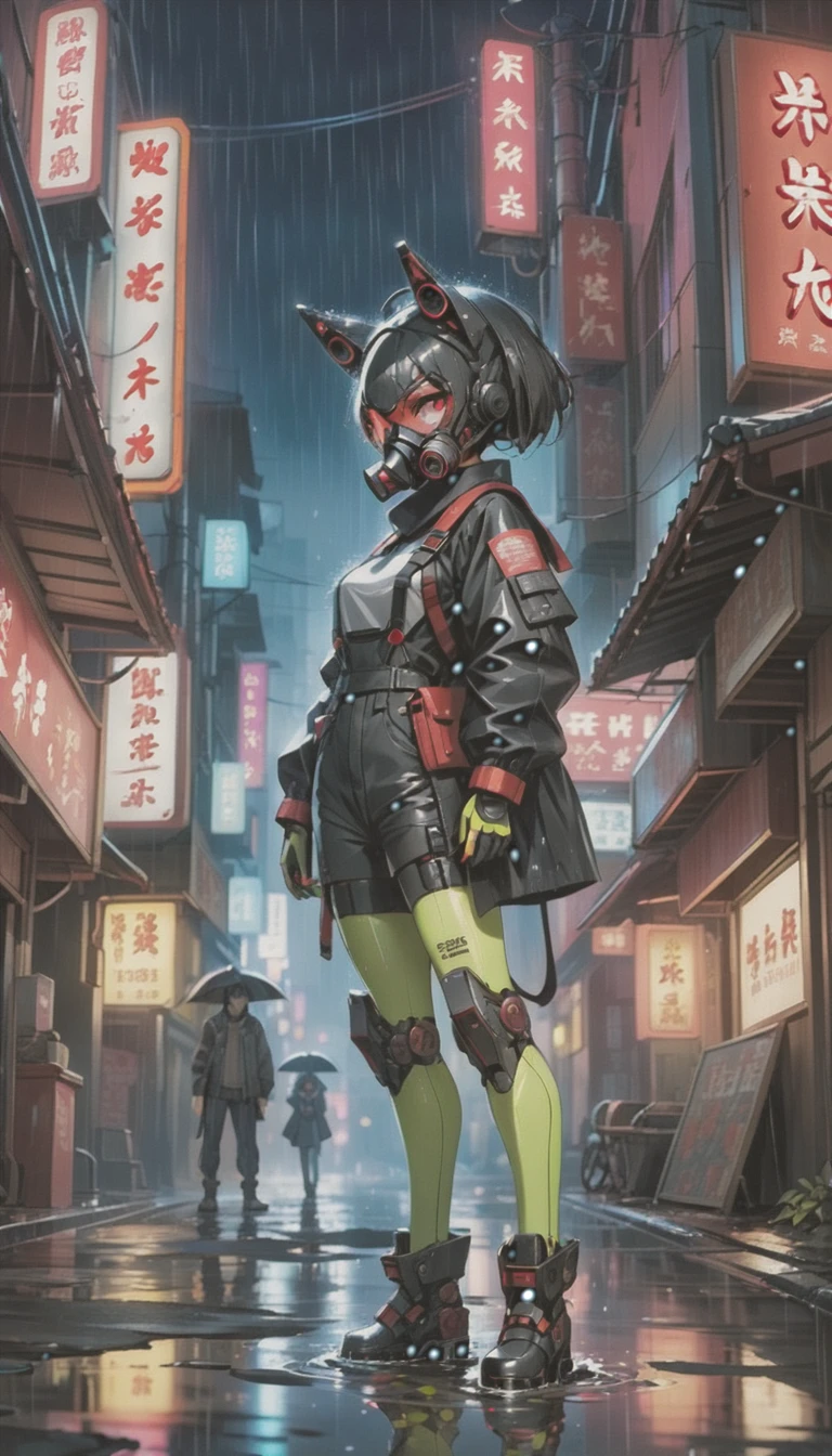 cyber punk，Cute Armed Girl，bob，Blood on the face，neon sign，Chinatown at night，neon sign，miscellaneous，night rain，get wet in the rain，Reflected in a puddle，A mecha-like townscape，雑居ビルにneon sign，night town，railgun，A gas mask like Casshern，Red eyes glowing，end of the century，Make the neon shine brightly，Overall dark