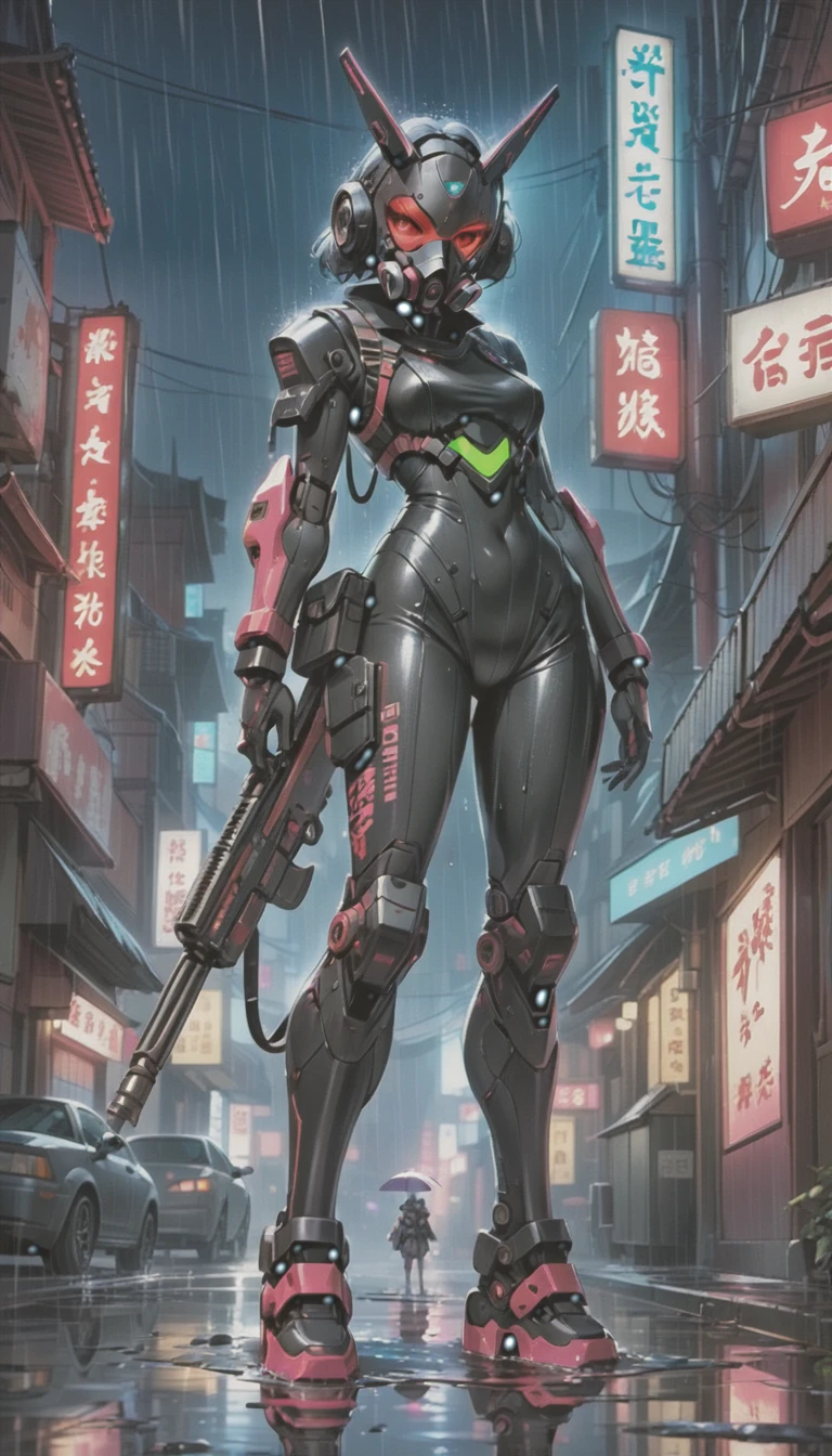 cyber punk，Cute Armed Girl，bob，Blood on the face，neon sign，Chinatown at night，neon sign，miscellaneous，night rain，get wet in the rain，Reflected in a puddle，A mecha-like townscape，雑居ビルにneon sign，night town，railgun，A gas mask like Casshern，Red eyes glowing，end of the century，Make the neon shine brightly，Overall dark