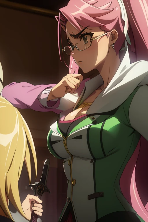 Chica anime, pelo suelto, rosa, gafas, Saya de High School of the dead, todo el cuerpo, con pechos grandes, trasero grande, y un traje negro de gabardina, con una espada