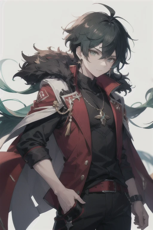 ((best quality)), ((masterpiece)), (detailed), perfect face 1boy in a red coat and black pants with a sword, genshin impact character, noble character design, , anime character design, character adoptable, keqing from genshin impact, shadowverse design, male , black hair with white highlights, male punk theme,fur-trimmed jacket,wolf theme messy hair, mullet hair, with earring and pieces, aqua green amulet