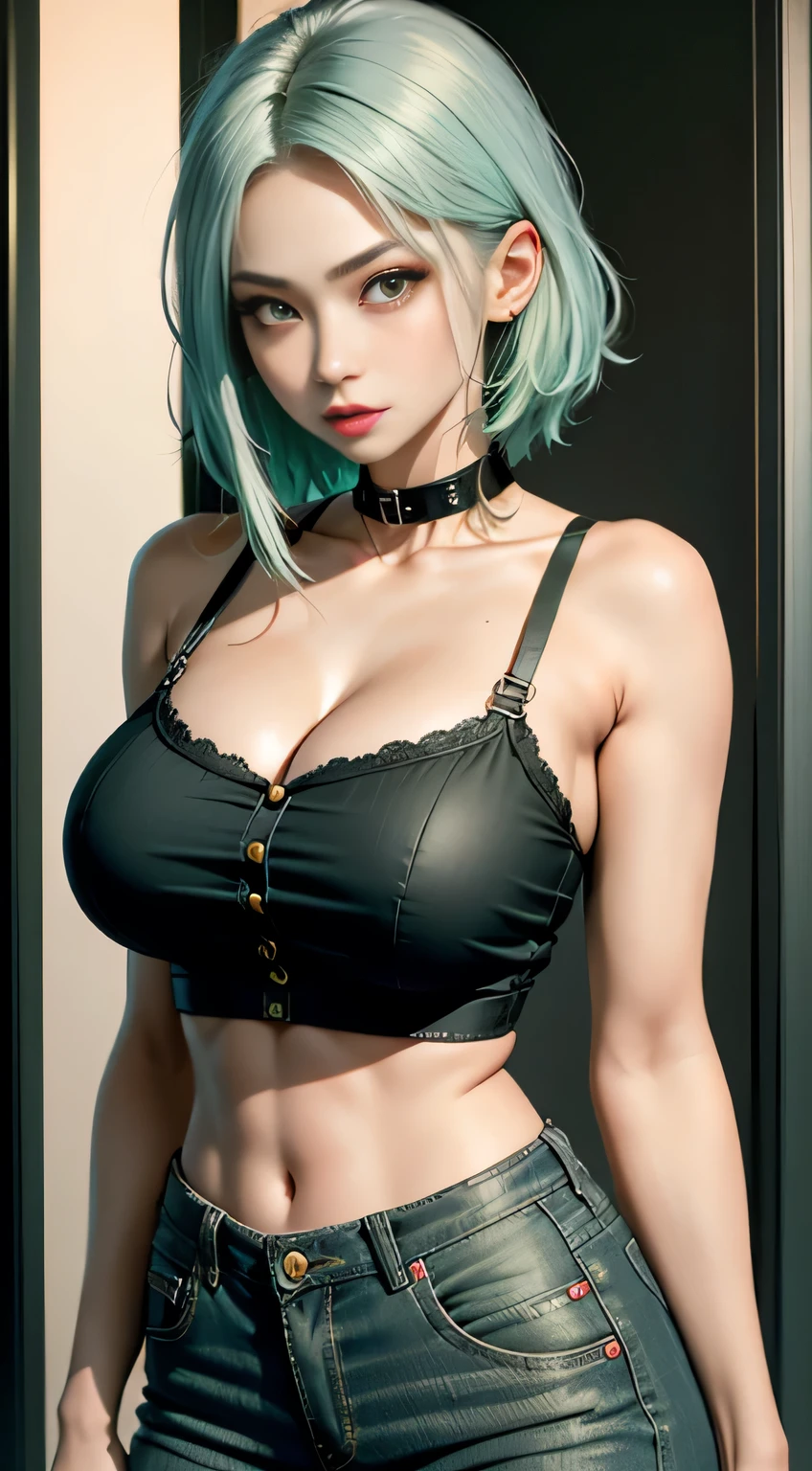 sfw, cute girl, Short dark green hair, beautiful yellow eyes, cat collar, Dark green hair, wearing bra,((skinny waist)), young asian girl, ((big breasted)),