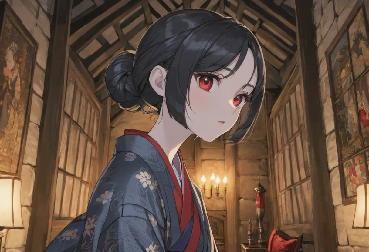 #beautiful hair#high resolution#8K#light in the eyes#red eye#short bob#beautiful figure#kimono#Princess#Background: Inside a room in an old castle#seiza#black hair#adult woman#period drama#night
