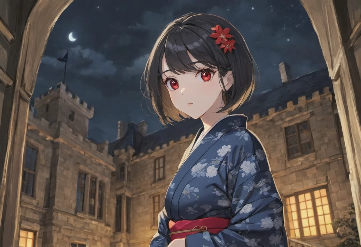 #beautiful hair#high resolution#8K#light in the eyes#red eye#short bob#beautiful figure#kimono#Princess#Background: Inside a room in an old castle#seiza#black hair#adult woman#period drama#night
