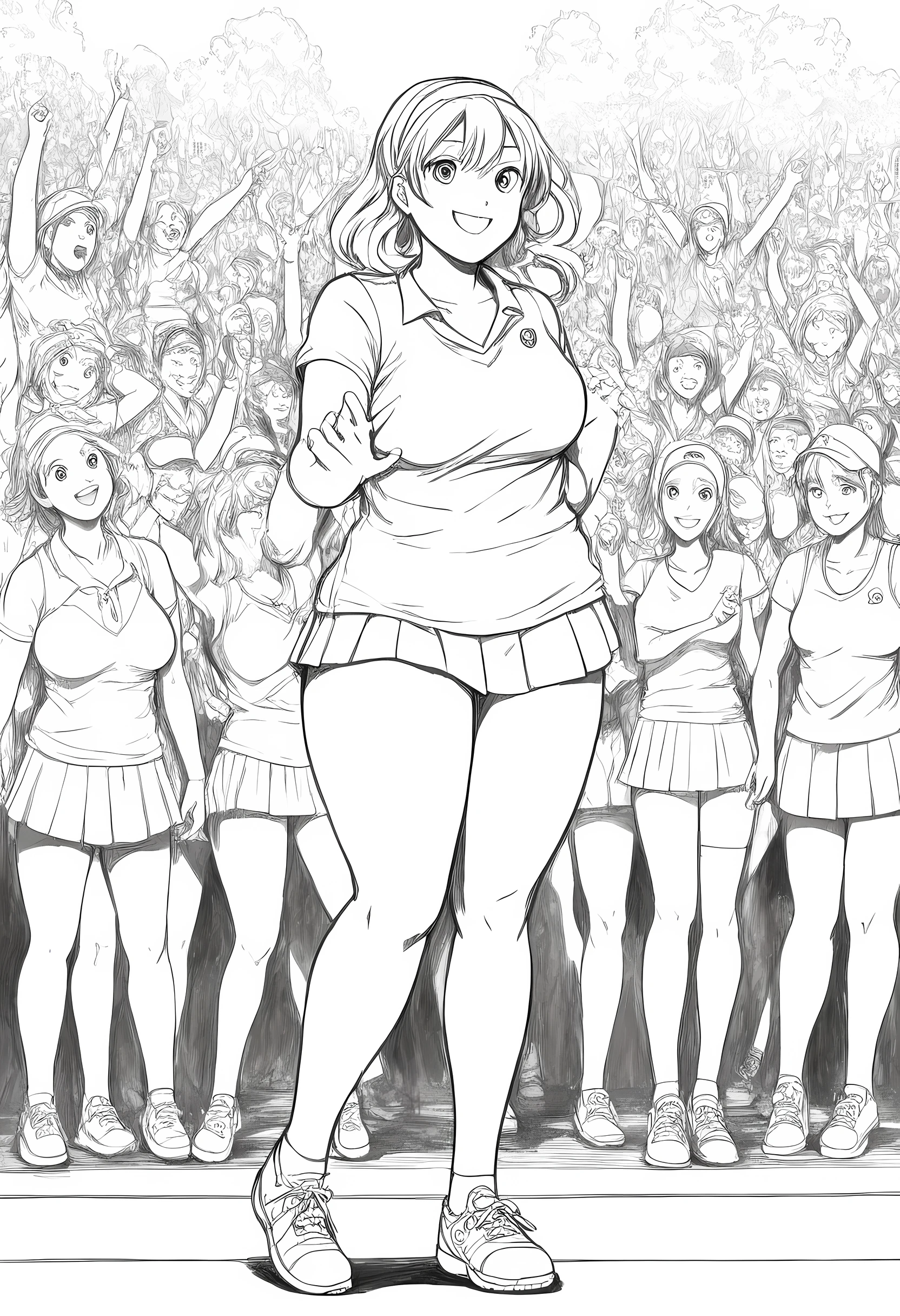 master piece, best quality, high resolution / hires, ultra-detailed, illustration, from front, cowboy shot, looking at viewer, natural smile, standing pose, monochrome, line drawing, ((sketch)), illustration, (lineart:1.3), line drawing, ((sketch)), high contrast, full body shot, latin dance Costumes, on the crowed street, 1girl, curvy