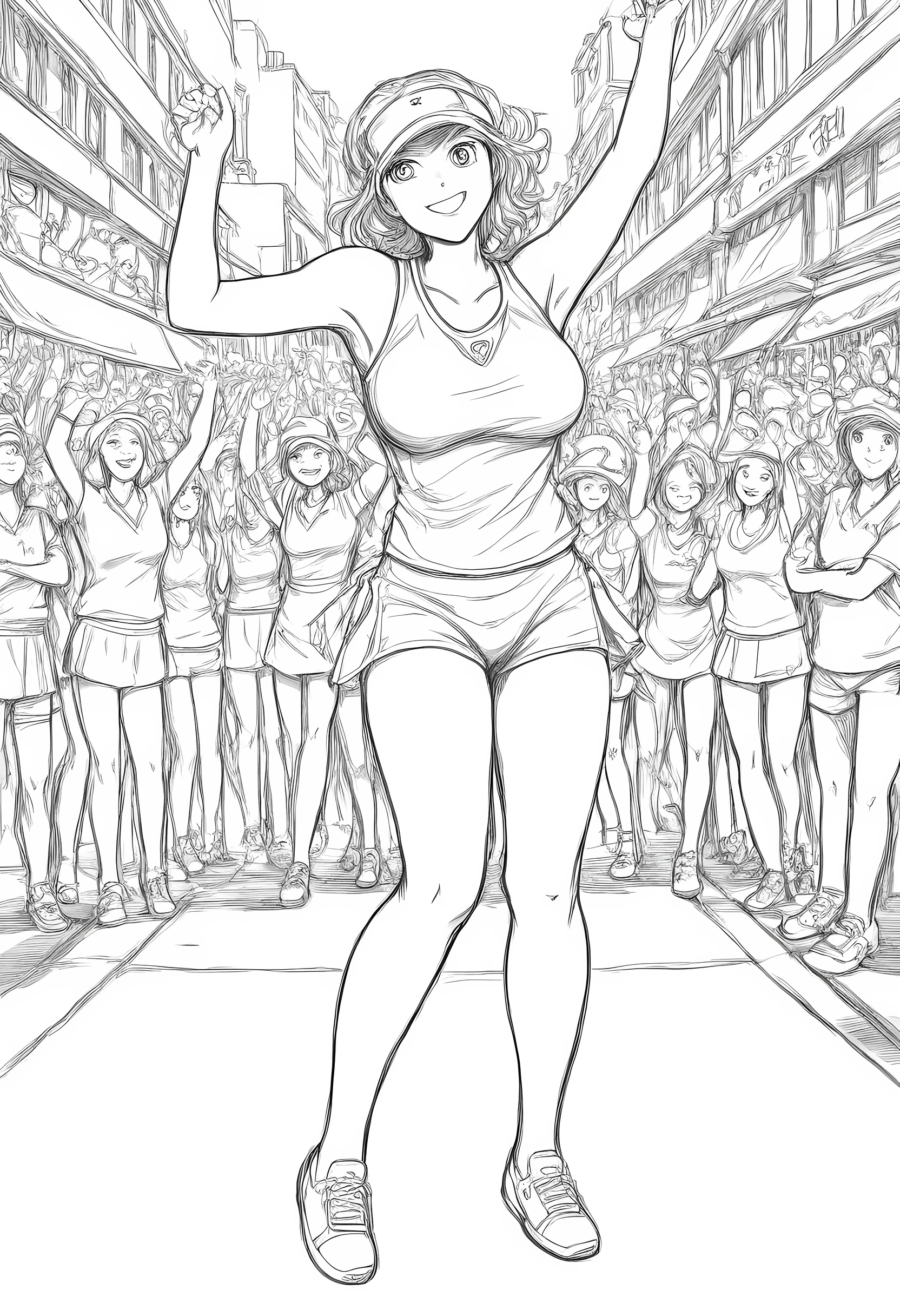 master piece, best quality, high resolution / hires, ultra-detailed, illustration, from front, cowboy shot, looking at viewer, natural smile, standing pose, monochrome, line drawing, ((sketch)), illustration, (lineart:1.3), line drawing, ((sketch)), high contrast, full body shot, tennis costumes, dancing on the crowed street, woman, curvy