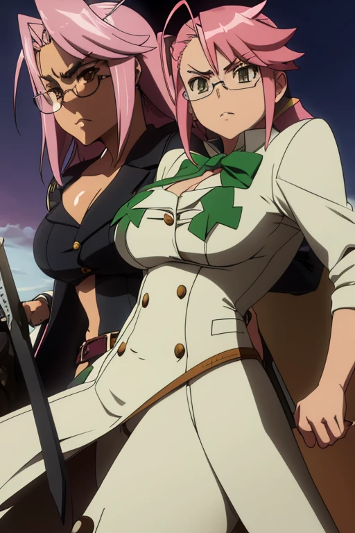Chica anime, pelo suelto, rosa, gafas, Saya de High School of the dead, todo el cuerpo, con pechos grandes, trasero grande, y un traje negro de gabardina, con una espada