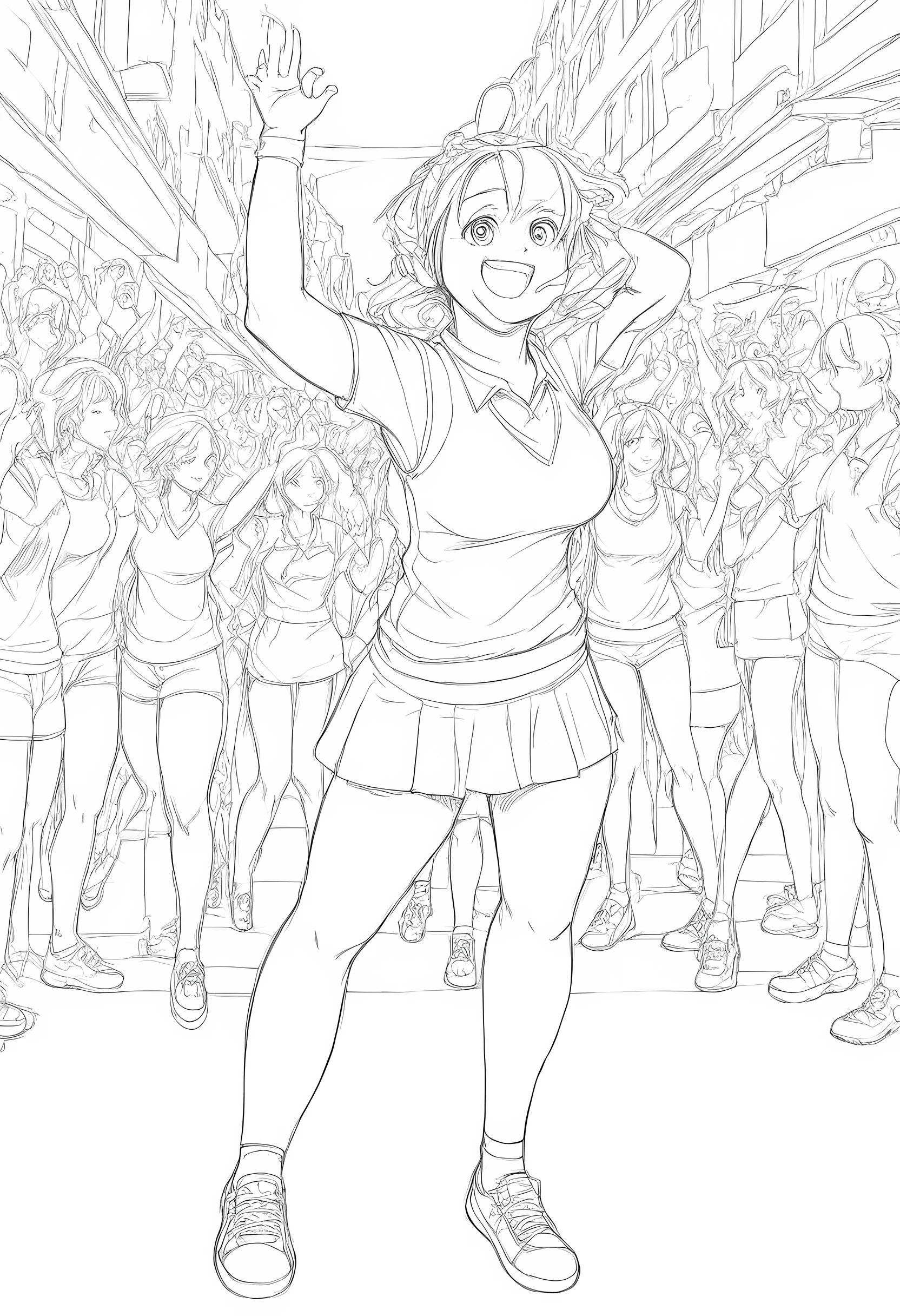 master piece, best quality, high resolution / hires, ultra-detailed, illustration, from front, cowboy shot, looking at viewer, natural smile, standing pose, monochrome, line drawing, ((sketch)), illustration, (lineart:1.3), line drawing, ((sketch)), high contrast, full body shot, tennis costumes, dancing on the crowed street, mature woman, curvy