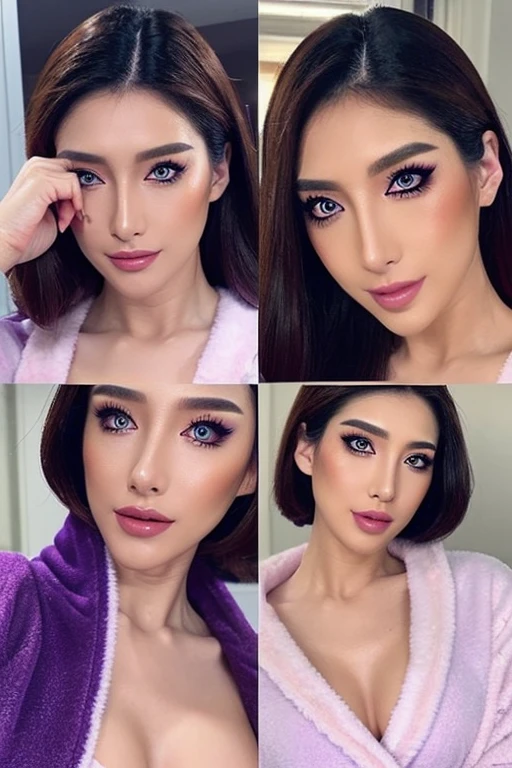 (beautifull detailed , pale skin, realistic glistening skin, Detailed Cloth Texture, detailed hair texture, Perfect body, Beautiful , acurate, Anatomically correct, Highly detailed , Eye and skin texture, Natural neck length, (Beautiful eyes), (Beautiful hands), (Glossy skin:1.2) 

Dramatic makeup、makeup、Pinky Pink Lip Stick、eye make up、mascara、eye liner、eye shadow、Light purple colored contactine makeup、moonlights、1 AM、
、white t-shirts、dressing gown、

full body waist up pose , pose 1.4 to camera , various shot angle 