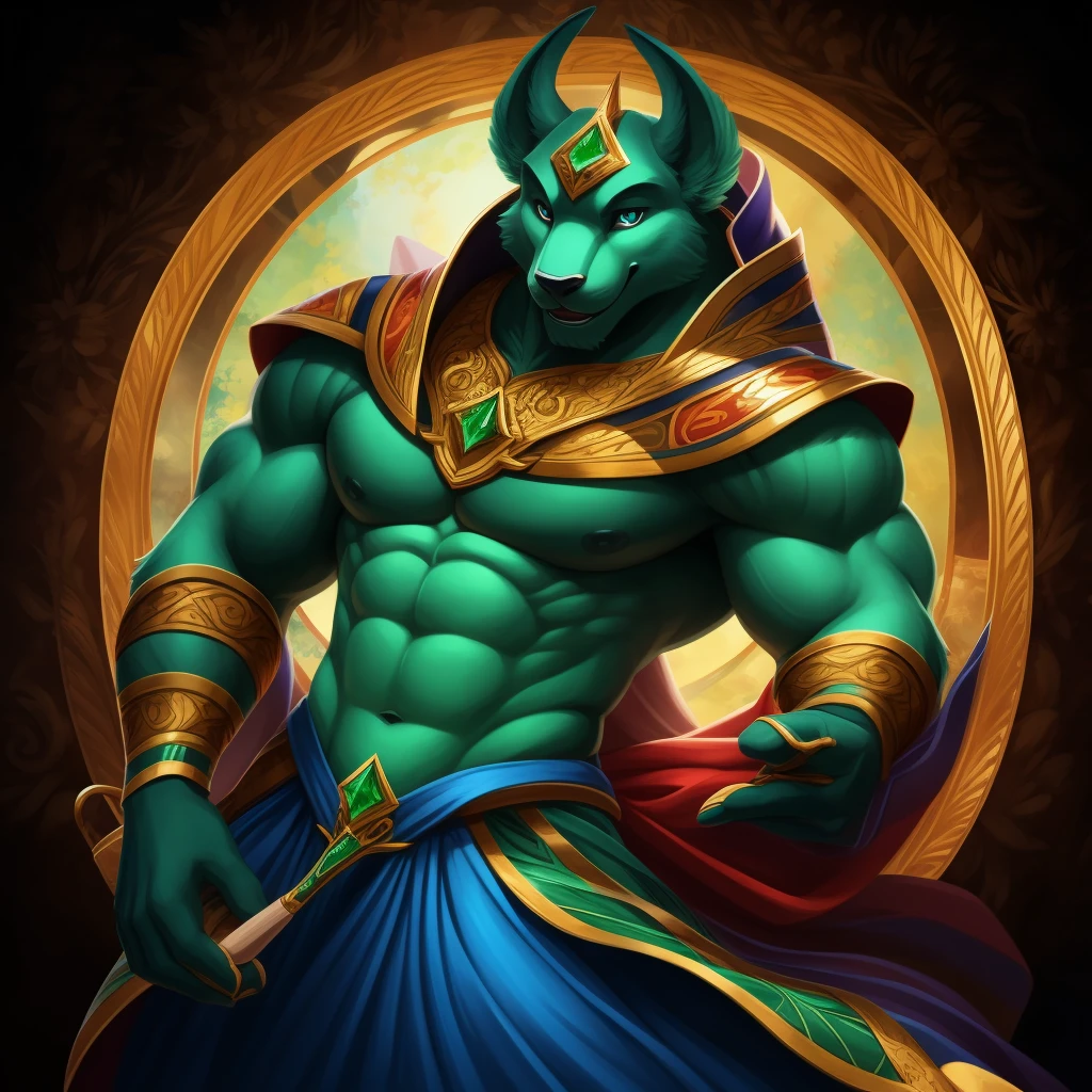 an (african male) god, legendary deity, ornate divine clothing, ethereal, surreal, psychedelic, best quality, masterpiece, extremely detailed, intricate details, detailed background, male focus, (muscular), (large pectorals), (puffy nipples)