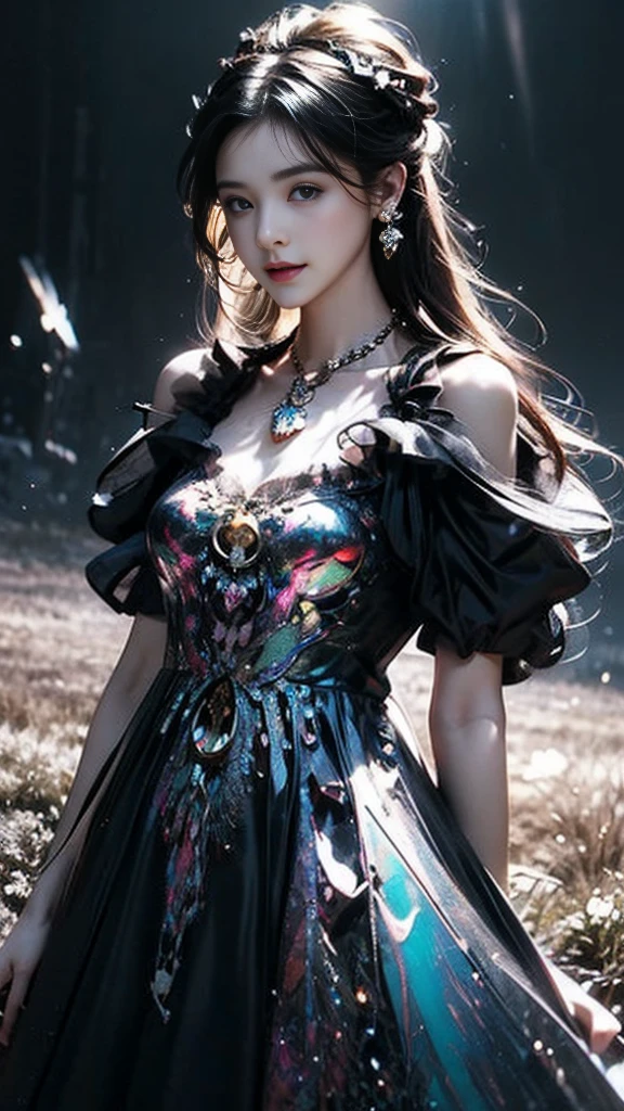 64K, ultra hd, masterpiece, 1 girl, (ibeautiful face:1.4), detailed eyes, very long hair, impressive hairstyle, earings, necklace, small breasts, (black dress:1.5), (fantasy dress:1.5) Light-colored foundation brings out the transparency of the skin, (in the wonderland:1.5), mystery, diwali lights, glowing lights, very decoration, The lights falls like water, perfect body, standing