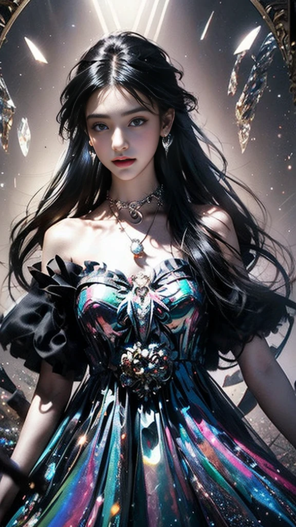 8K, ultra hd, masterpiece, 1 girl, (innocent face:1.4), detailed eyes, very long hair,soft makeup, impressive hairstyle, earings, necklace, medium breasts, (black dress:1.5), (fantasy dress:1.5) Light-colored foundation brings out the transparency of the skin, (in the wonderland:1.5), mystery, diwali lights, glowing lights, very decoration, luxurious, The lights falls like water, perfect body,looking at viewer, model pose ,(bestquality lighting and shadow)