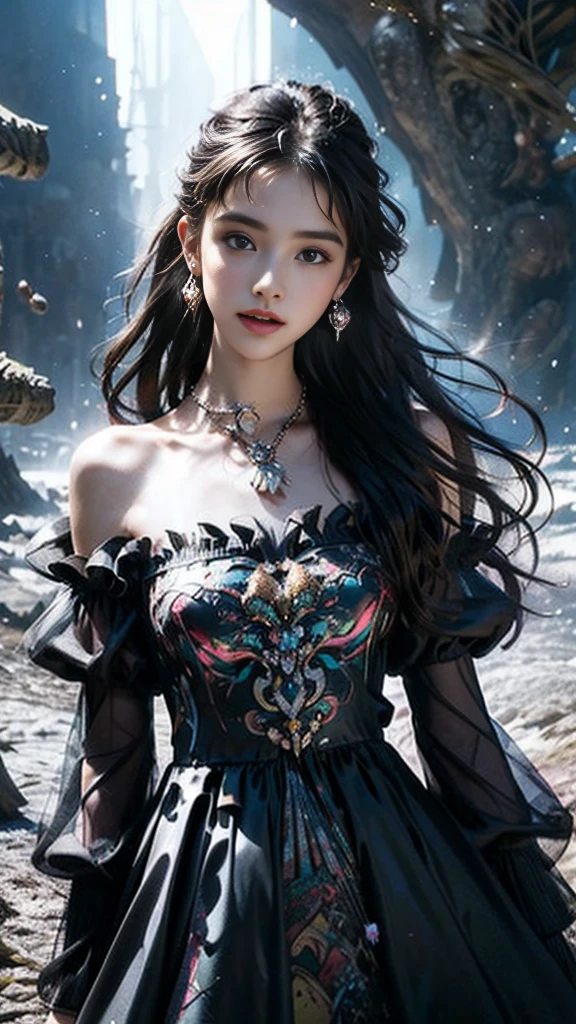 8K, ultra hd, masterpiece, 1 girl, (innocent face:1.4), detailed eyes, very long hair,soft makeup, impressive hairstyle, earings, necklace, medium breasts, (black dress:1.5), (fantasy dress:1.5) Light-colored foundation brings out the transparency of the skin, (in the wonderland:1.5), mystery, diwali lights, glowing lights, very decoration, luxurious, The lights falls like water, perfect body,looking at viewer, model pose ,(bestquality lighting and shadow)