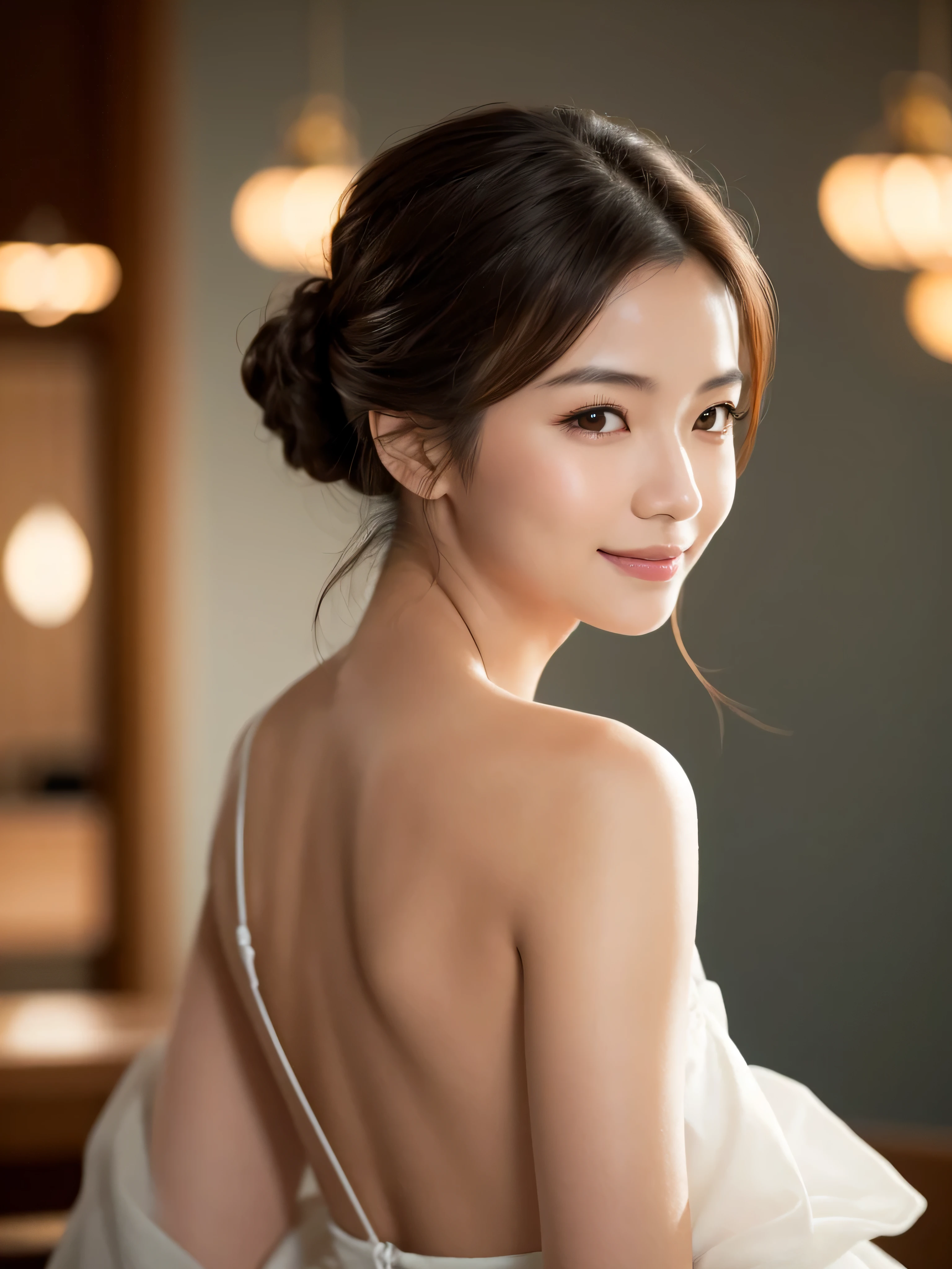 masterpiece, highest quality, 8K, 1 Japanese woman, Beautiful women in their late thirties to forties, closed mouth, Smile, close, close up of face, alone, beautiful,smile、 lady, Delicate adult woman, pure beauty, Raw photo, professional photography, portrait, soft light, professional lighting, Backlight, avert your eyes, look away, Sophisticated, film grain, (Eye and face details:1.0), Dark brown beautiful long hair,Hair tied back、ponytail、 Beautiful flowing hair,