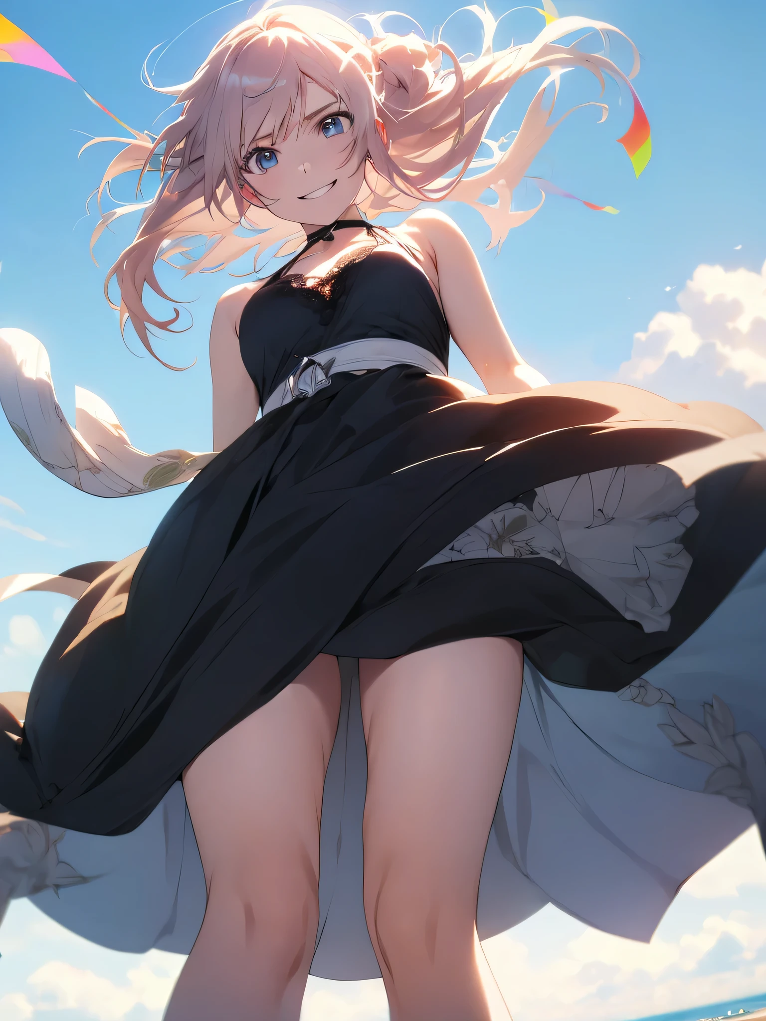 (tiny village from sky view in front of closeup breasts and face: 1.7), (huge village city from sky view in front of a giantess closeup breasts and face: 1.1), all fours, (:3), (nipples), big thighs, closeup breasts and face, mountains, cliffs, hills, (long landscape: 1.2), (from below view: 1.2), (very skinny: 1.2), huge breasts, (tall adult teen girl: 1.2), (sky background), pointy ears, (white skinned noble girl with jewerly: 1.1) (cute girl eyes and hair), (cute dress), on knees, (foreshortening from below: 1.2), (low angle view: 1.1), , hands
