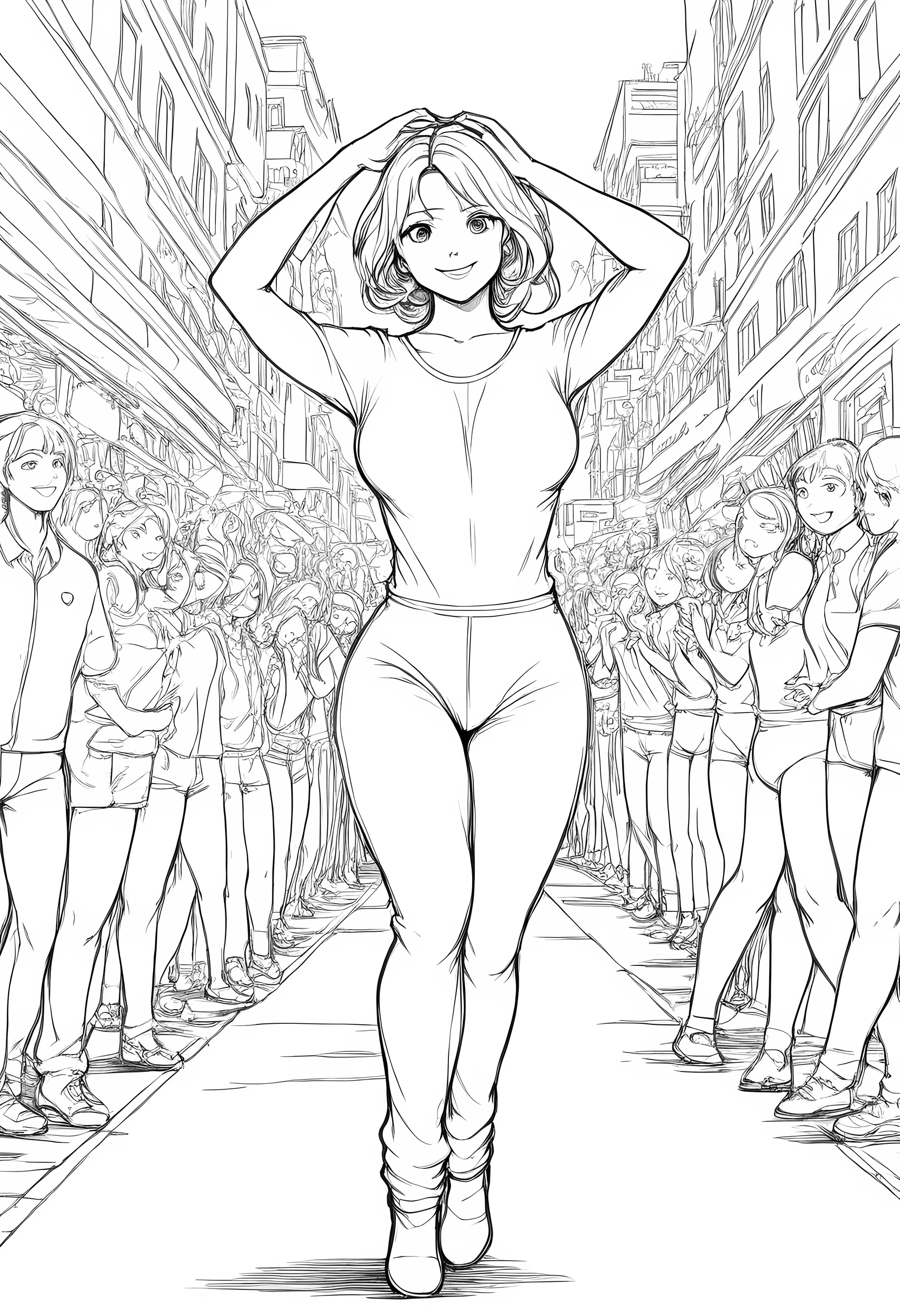 master piece, best quality, high resolution / hires, ultra-detailed, illustration, from front, cowboy shot, looking at viewer, natural smile, standing pose, monochrome, line drawing, ((sketch)), illustration, (lineart:1.3), line drawing, ((sketch)), high contrast, full body shot, latin dance Costumes, on the crowed street, 1girl, curvy