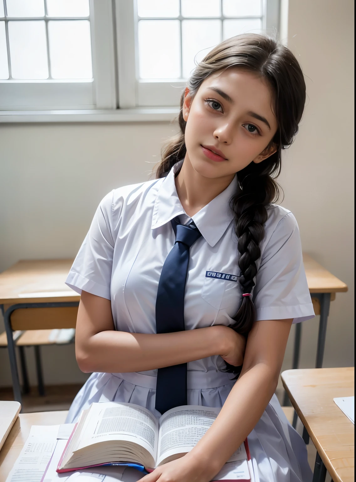 Raw photo , 1 girl ,Wearing white frock and color tie, white shoes, ((teen school girl studying in the classroom Reading book)), with plait, professional photographer, (hdr:1.4), masterpiece, ultra-realistic 8k, perfect artwork, intrincate details, cute face, award winning photograph, (Best quality, 8k, 32k, Masterpiece, UHD:1.3) ,