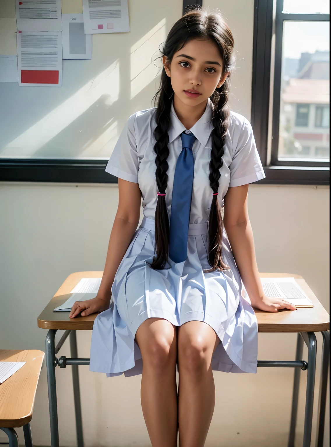 Raw photo , 1 girl  ,Wearing white frock and color tie, white shoes,  ((teen school girl studying  in the classroom Reading book)), with plait, professional photographer, (hdr:1.4), masterpiece, ultra-realistic 8k, perfect artwork, intrincate details, cute face, award winning photograph, (Best quality, 8k, 32k, Masterpiece, UHD:1.3) ,