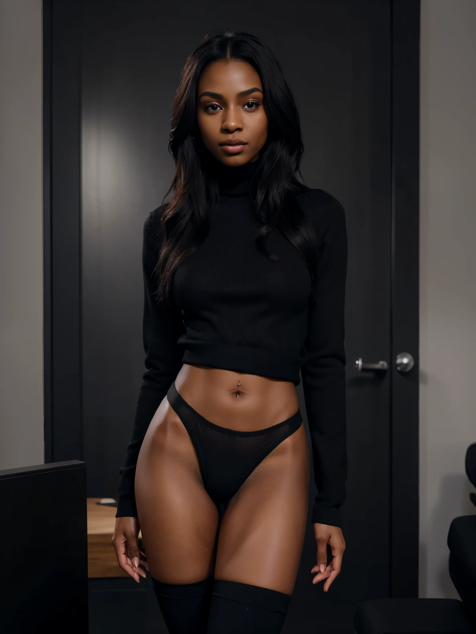 8k, RAW photo, best quality, ultra high resolution, (photorealistic), very realistic, realistic photo of skinny ebony girl fitness model, (skinny ebony girl, 20 years old, most beautiful ebony girl in the world, dark skin, black hair, long wavy hair), in the office, modern brown interior, brown interior, (full body picture), photo from the side, standing in sexy pose, spread legs, wearing black long sweater, black sweater, nwearing black panties, black panties, wearing black stockings, (black stockings), looking at viewer 1:2, sexy face, (extremely detailed CG unity 8k wallpaper), Sharp focus, (bright light) Preparing