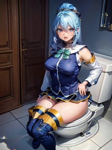 (extremely detailed, subtle touch:1.2), mature woman, hourglass body , masterpiece, Best quality, very detailed , AquaKnsb-KJ , skirt , thigh high, blue hair, blue shirt , separate sleeves, thigh high boots , smile , open mouth , blush:1.1) , Open , nsfv, sexy hips, sits on the toilet, poops, diarrhoea