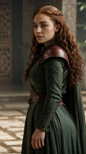 beautiful girl with green eyes, red and curly hair, full body looking back, scene from the movie "game of thrones"