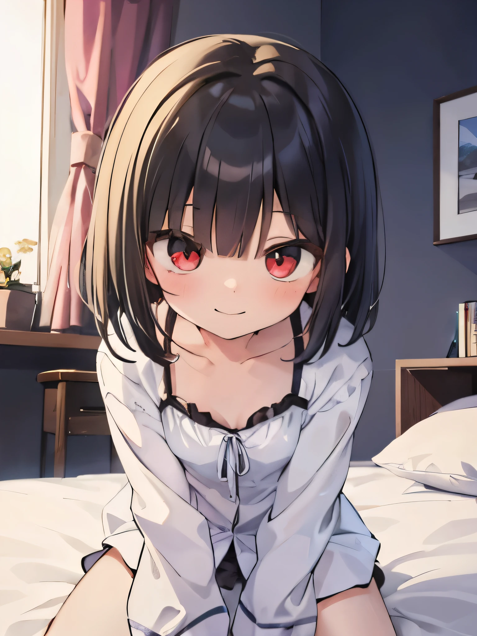 masterpiece, highest quality, girl, alone,pajamas,on the bed,red eyes,smile, blush,black hair bob,sexy face,Cheeky smirk,mischief,upward glance