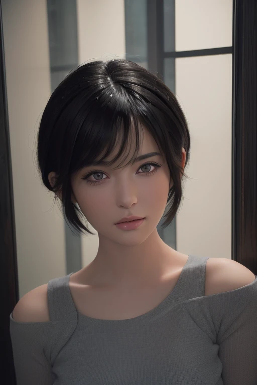 (masterpiece:1.3), (8k, photorealistic, RAW photo, best quality: 1.4), (1girl), beautiful face, (realistic face), (black hair, short hair:1.3), beautiful hairstyle, realistic eyes, beautiful detailed eyes, (realistic skin), beautiful skin, (naked), absurdres, attractive, ultra high res, ultra realistic, highly detailed, golden ratio, full body portrait