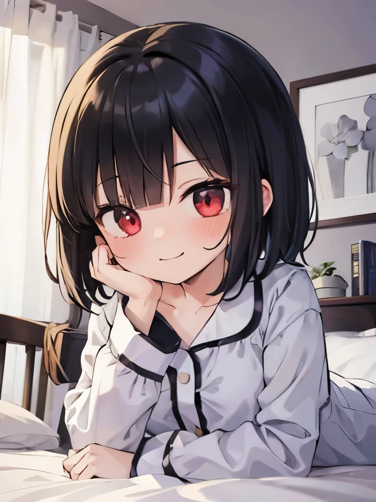 masterpiece, highest quality, girl, alone,pajamas,on the bed,red eyes,smile, blush,black hair bob,sexy face,Cheeky smirk,mischief,upward glance