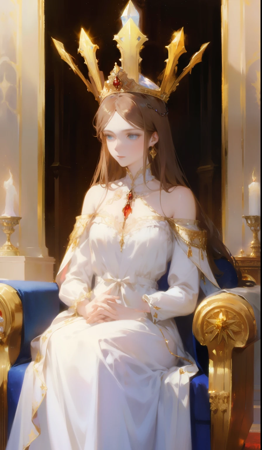 Fantasy, 19th century, empress, woman, delicate face, pale brown long hair, blue eyes, in a white royal dress with open shoulders, gold patterns on fabric, crystal jewelry, with a scarlet ribbon over the shoulder with the regalia of the monarch, Gothic castle made of white stone on the background, light, day, hd