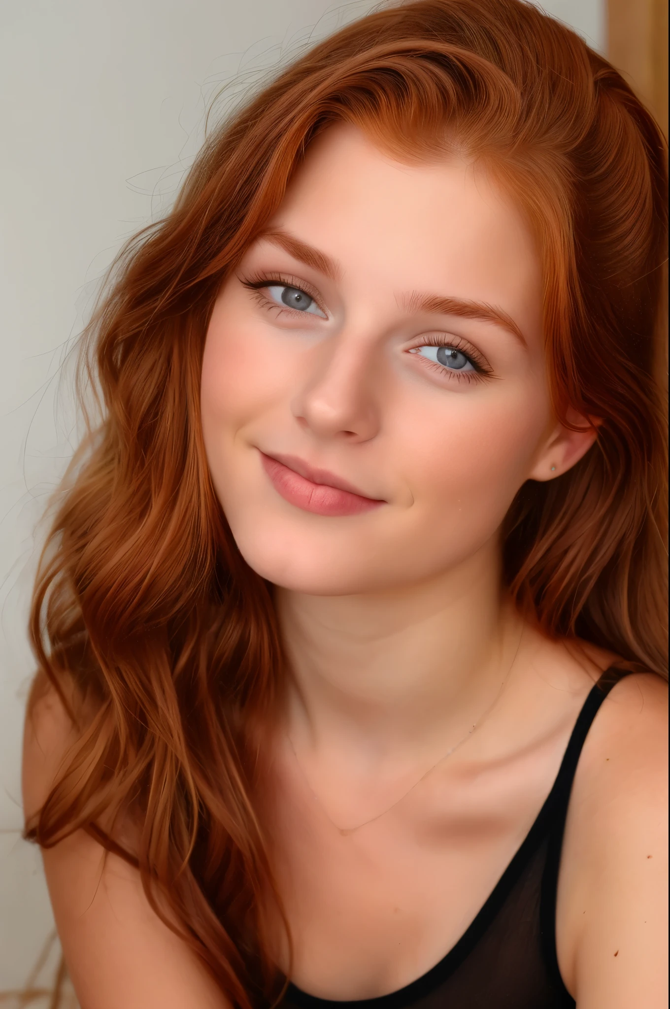 Faceportrait, (sweet redhead 22 year old Lisanne), ((sinnlicher Blick)), (((kupferrote wellige Haarfarbe))), sweet little nose, slight dimples, (graue Augenfarbe), normal sized eyes, normal sized lips, kleines Kinn, erkennbare Hauttextur, reine Haut, dunkelblonde Augenbrauen, leicht abstehende Ohren, kleine Ohren, schlanker kleiner Hals, white tank top