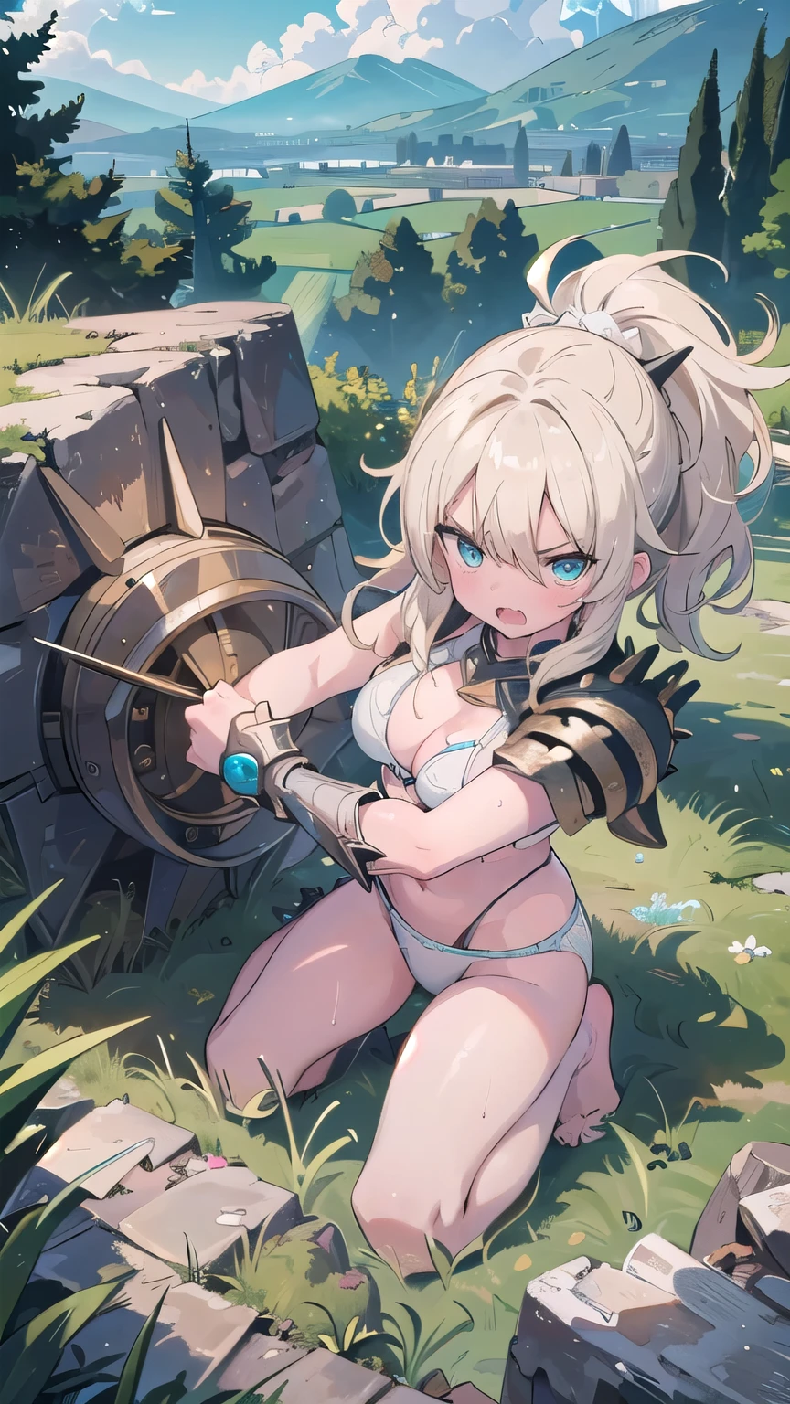 (masterpiece:1.2), (highest quality:1.2), perfect eyes, perfect face, perfect lighting, middle ages, grassland, Rock Shade, , 1 girls,blonde　aqua eye, ((hair over one eye)), ((wavy hair)), spiked hair, short hair, ponytail, ((((white bikini armor)))), cute eyes, open mouth, ((from above)), ((front)), (((punching))), ((glaring)), (big breasts), nipple, ((((cum on body)))) , (abs), ((disdain)), organis , ahegao, ((breathless)), Sweat, ((angry))