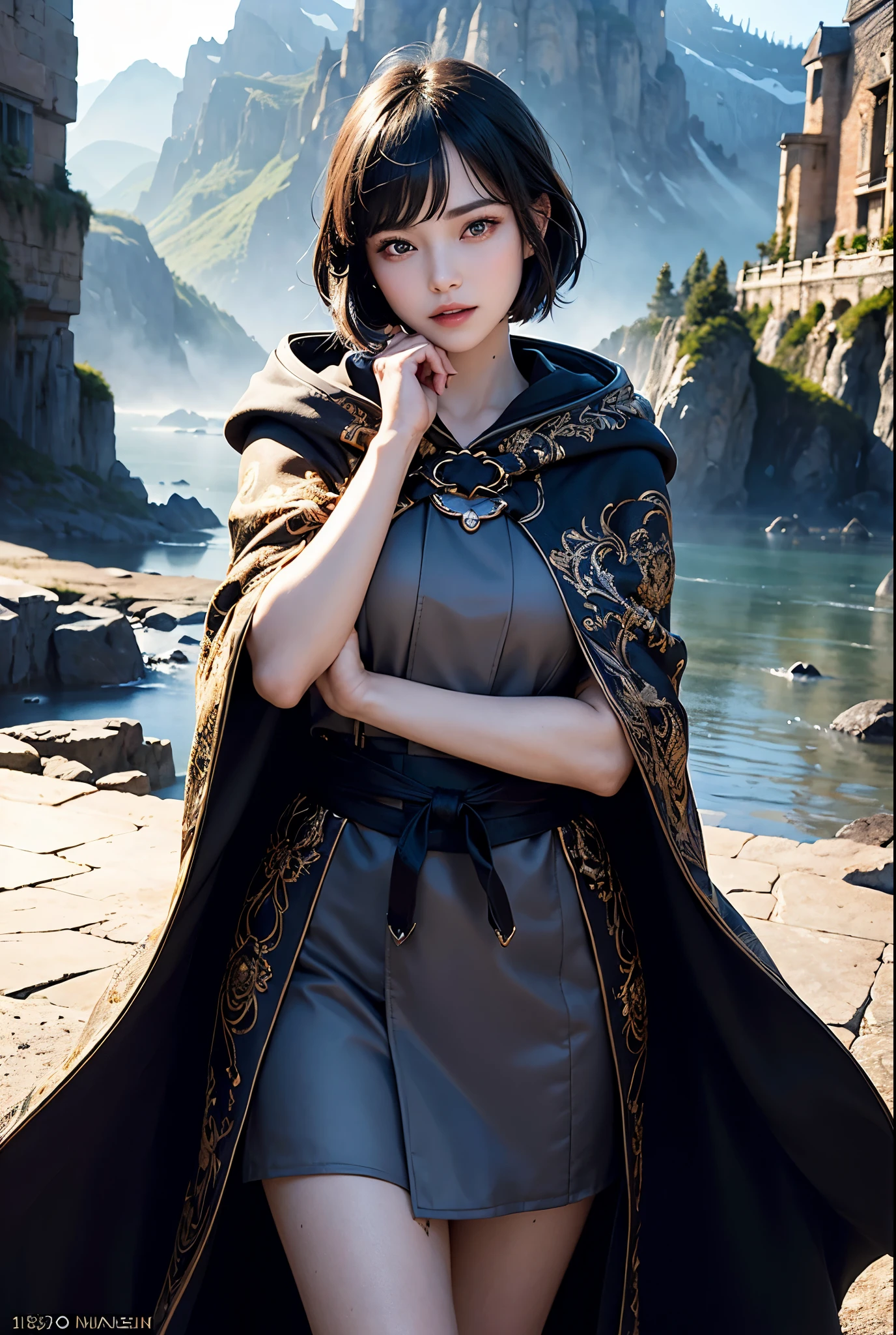 (Standing:1.5), in middle, (Dentate skin:1.5), actual, lifelike, (masterpiece:1.5), concept art, intricate details, Very detailed, lifelike, octane rendering, 8k, Unreal Engine, dynamic poses, best quality, high resolution, (realistic face:1.1), (hyper-realistic:1.1), (full Body:1.2), perfect eyes,(shiny skin:1.2), (((hairstyle))), (mountain background), ((dynamic background)), (light), ((1 girl)), is wearing casock, (((Flowing cloak))), ((delicate eyes, high quality eyes, High-quality faces)), (Extremely complex robes, magical robes), black short hair, ((dramatic)), epic, battlefield, depth of field, Bokeh, 4K, Gothic, Humanity, particle, closed lips