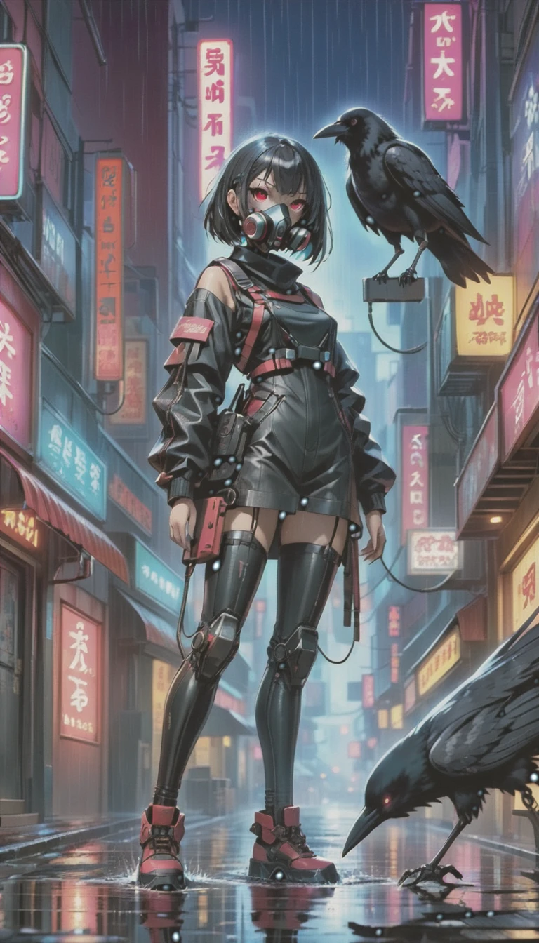 cyber punk，Cute Armed Girl，bob，Blood on the face，neon sign，downtown at night，A lot of neon signiscellaneous，night rain，get wet in the rain，Reflected in a puddle，Mechanical Townscape，雑居ビルにneon sign，Electric wires are strung all over the place.，night town，Crow，railgun，A gas mask like Casshern，Red eyes glowing，end of the century，Make the neon shine brightly，Overall dark