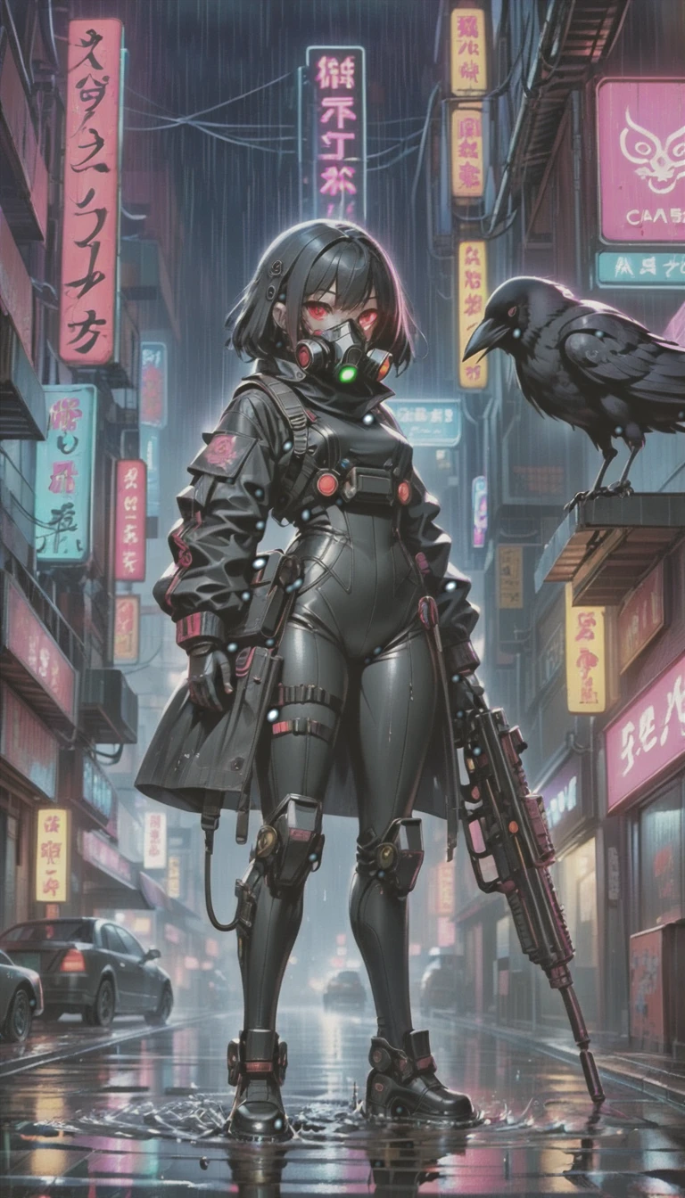 cyber punk，Cute Armed Girl，bob，Blood on the face，neon sign，downtown at night，A lot of neon signiscellaneous，night rain，get wet in the rain，Reflected in a puddle，Mechanical Townscape，雑居ビルにneon sign，Electric wires are strung all over the place.，night town，Crow，railgun，A gas mask like Casshern，Red eyes glowing，end of the century，Make the neon shine brightly，Overall dark