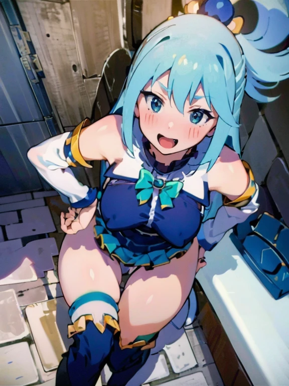 (extremely detailed, subtle touch:1.2), mature woman, hourglass body , masterpiece, Best quality, very detailed , AquaKnsb-KJ , skirt , thigh high, blue hair, blue shirt , separate sleeves, thigh high boots , smile , open mouth , blush:1.1) , Open , nsfv, sexy hips, sits on the toilet, poops, diarrhoea