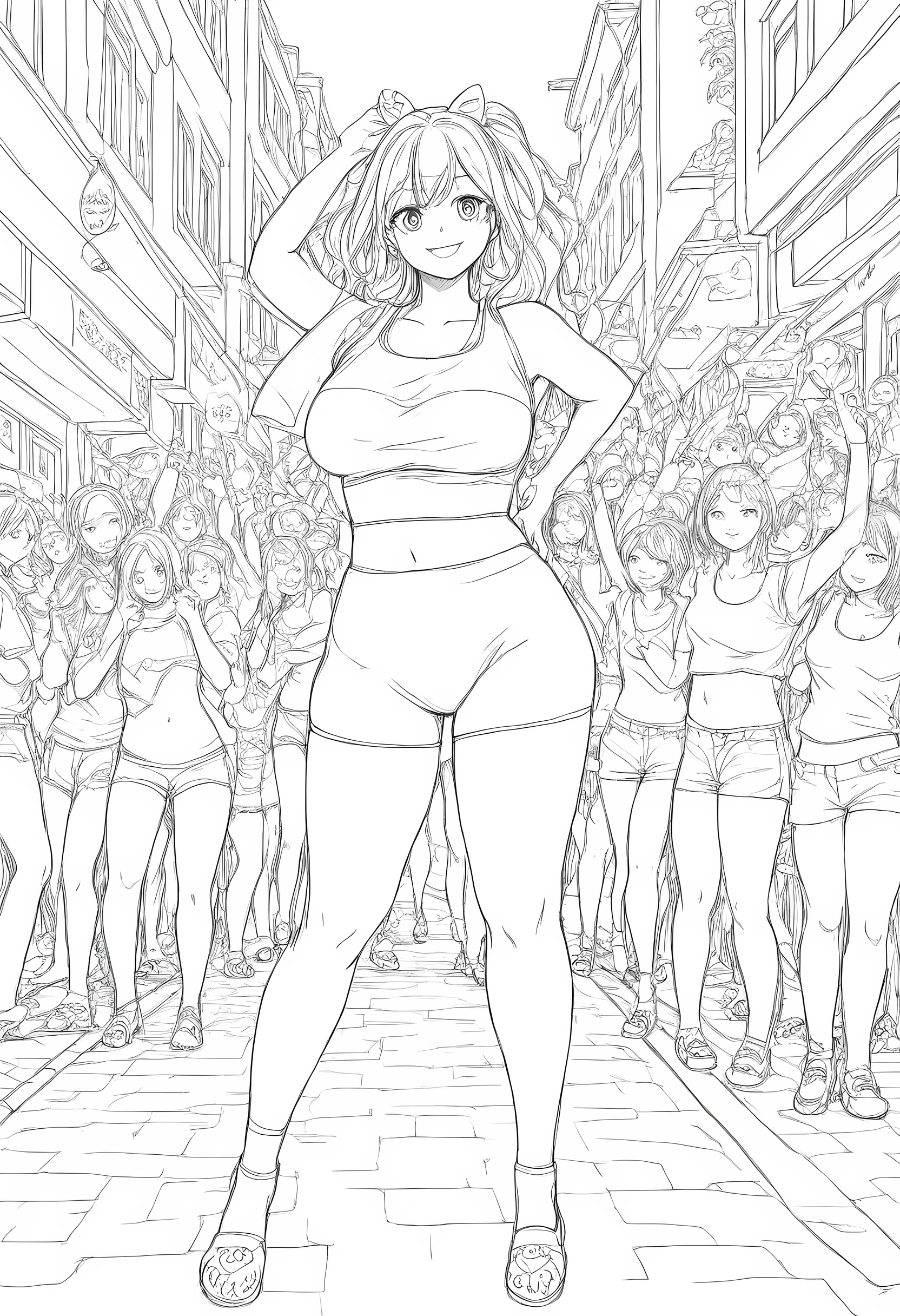 master piece, best quality, high resolution / hires, ultra-detailed, illustration, from front, cowboy shot, looking at viewer, natural smile, standing pose, monochrome, line drawing, ((sketch)), illustration, (lineart:1.3), line drawing, ((sketch)), high contrast, full body shot, cropped tops and short shorts dance, on the crowed street, 1girl, curvy