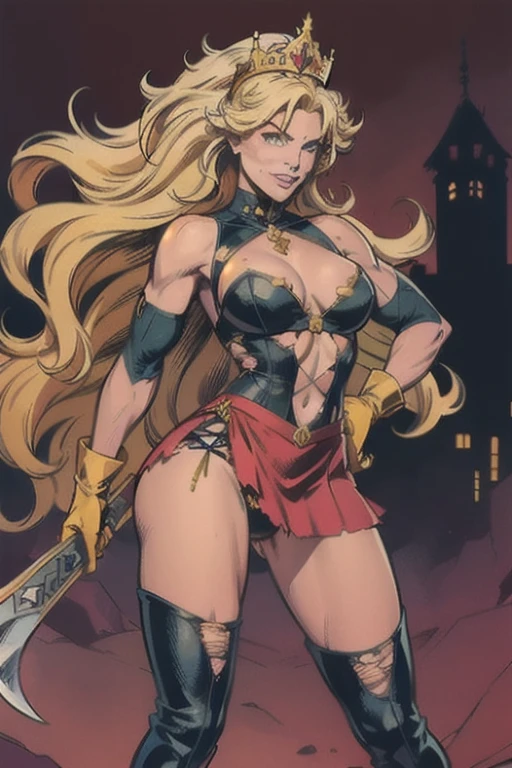 1girl, long curly blonde hair, gloves, holding, weapon, little smile, torn clothes, 4koma, tiara, axe, holding axe, panty, over the knee boots