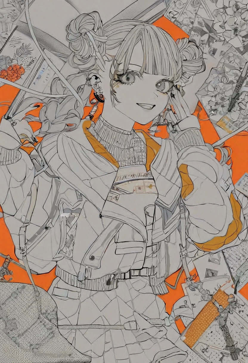 absurdres, aesthetic, line art , (coloring book), 1girl smiling, piercings, twintails, double buns, intricate jacket, black and white