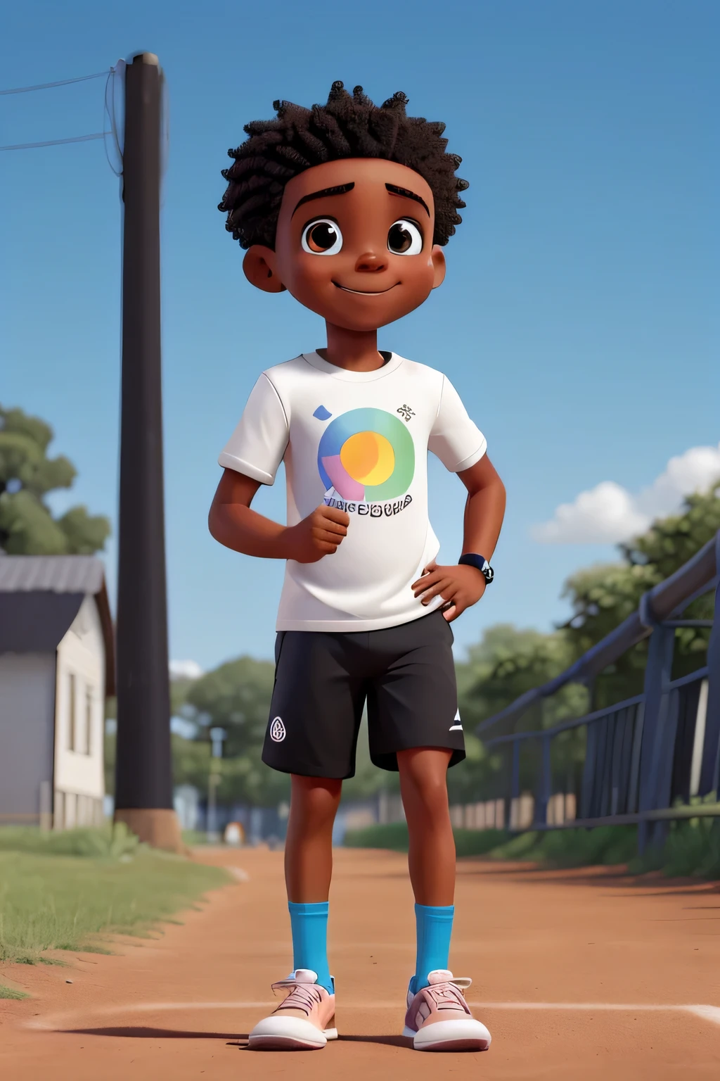 Generate a high-definition, high-contrast image with the following specifications: 1. Tema: Three white African American  marathon runners, felizes e sorridentes. 2. Clothing: - T-shirt, shorts e meias: RGB color code #22a0d7. - Tennis: RGB color code #f5e600. 3. Detalhes da T-shirt: - Display the number "St. Peter&#39;s Race" in a clear and legible font. The image must have the following characteristics 1. Intense shadows that create dramatic contrast. 2. Um desenho global vibrante e colorido. 3. Os temas devem parecer animados e cheios de energia. Children must be dressed in running clothes, incluindo uma T-shirt, shorts, socks and sneakers.