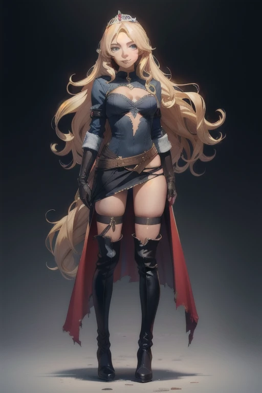 1girl, full body, long curly blonde hair,  gloves,  little smile, torn clothes,  tiara, panty, over the knee boots