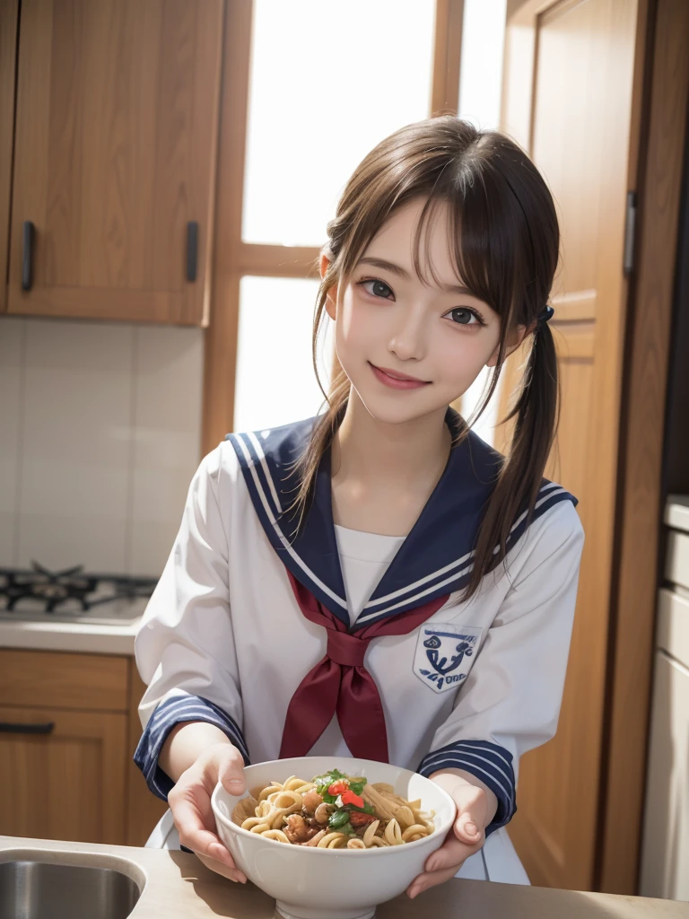 masutepiece, Best Quality, 8K, Raw photo, absurderes, super realistic food picture, realistic style, realistic,8k photorealism,girl,15 years old,highschool student,(small brests:1.2),(skinny:1.2),(sailor suit:1.3),(girls high school uniform:1.3),(cute sailor suit:1.3),(short ponytails:1.3),akb48,nogizaka46,girl eating a bowl of meat sauce pasta in a kitchen, food,  (smile:1.2),(facial:1.0),(cum on food:1.0),(cum on face:1.0),(bob cut:1.1),