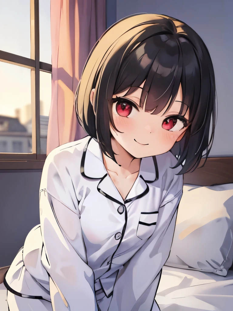 masterpiece, highest quality, girl, alone,pajamas,on the bed,red eyes,smile, blush,black hair bob,sexy face,Cheeky smirk,mischief,upward glance