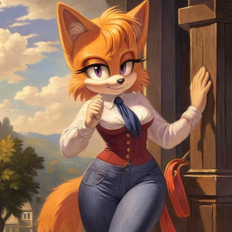 19th century painting, ((mobian)) cat girl mobian, female mobian, purple eyes, (light orange fur:1.2), light orange hair, shirt, pants, herculean, aggressive, breasts, outline, Intricate Details, Masterpiece, Best Quality, High Quality, Studio Quality, Best Detail, Perfect Detail, Refine Detail.