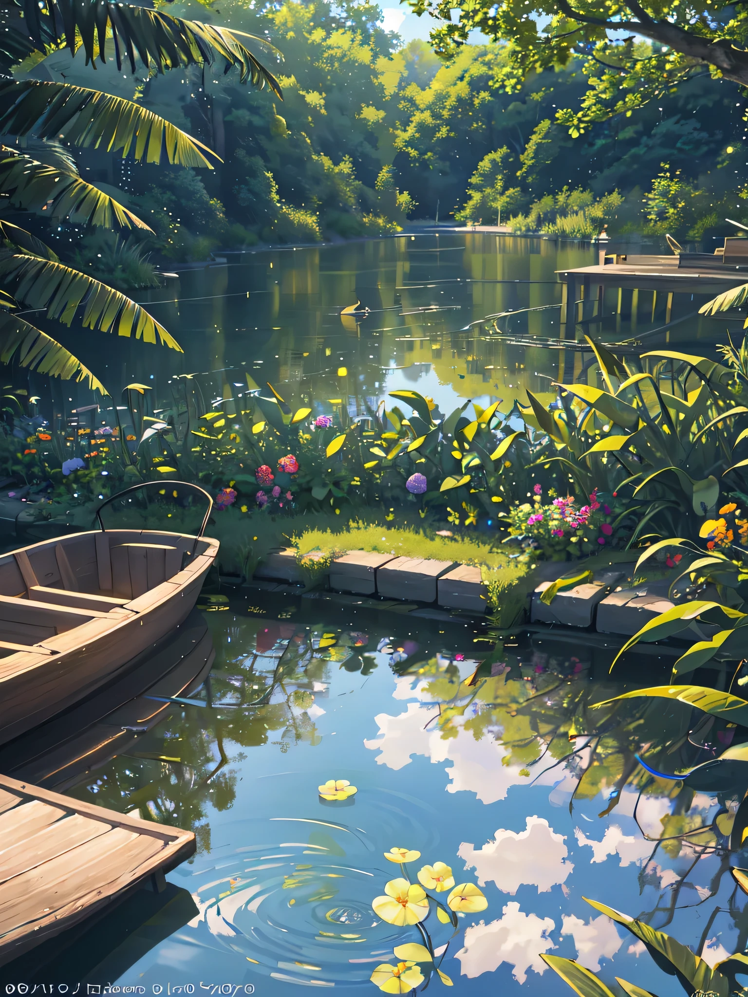 Wallpaper, nature of beauty, summer pond, pond, boat, afternoon sun, reeds, pond background, depth of field, hot weather, HD detail, wet watermark, hyperdetail, realistic photo, 16k, masterpiece of Nikon, soft light, deep field focus bokeh, ray tracing, diffuse (ultra-fine glass reflection) and surrealism. --v6