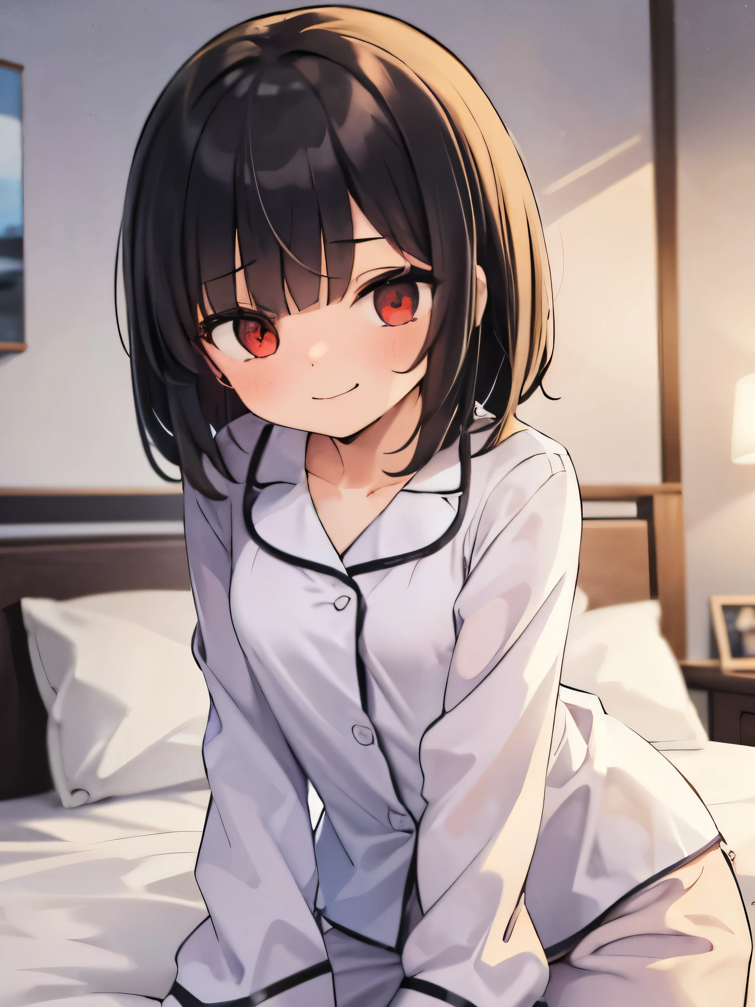 masterpiece, highest quality, girl, alone,pajamas,on the bed,red eyes,smile, blush,black hair bob,sexy face,Cheeky smirk,mischief,upward glance