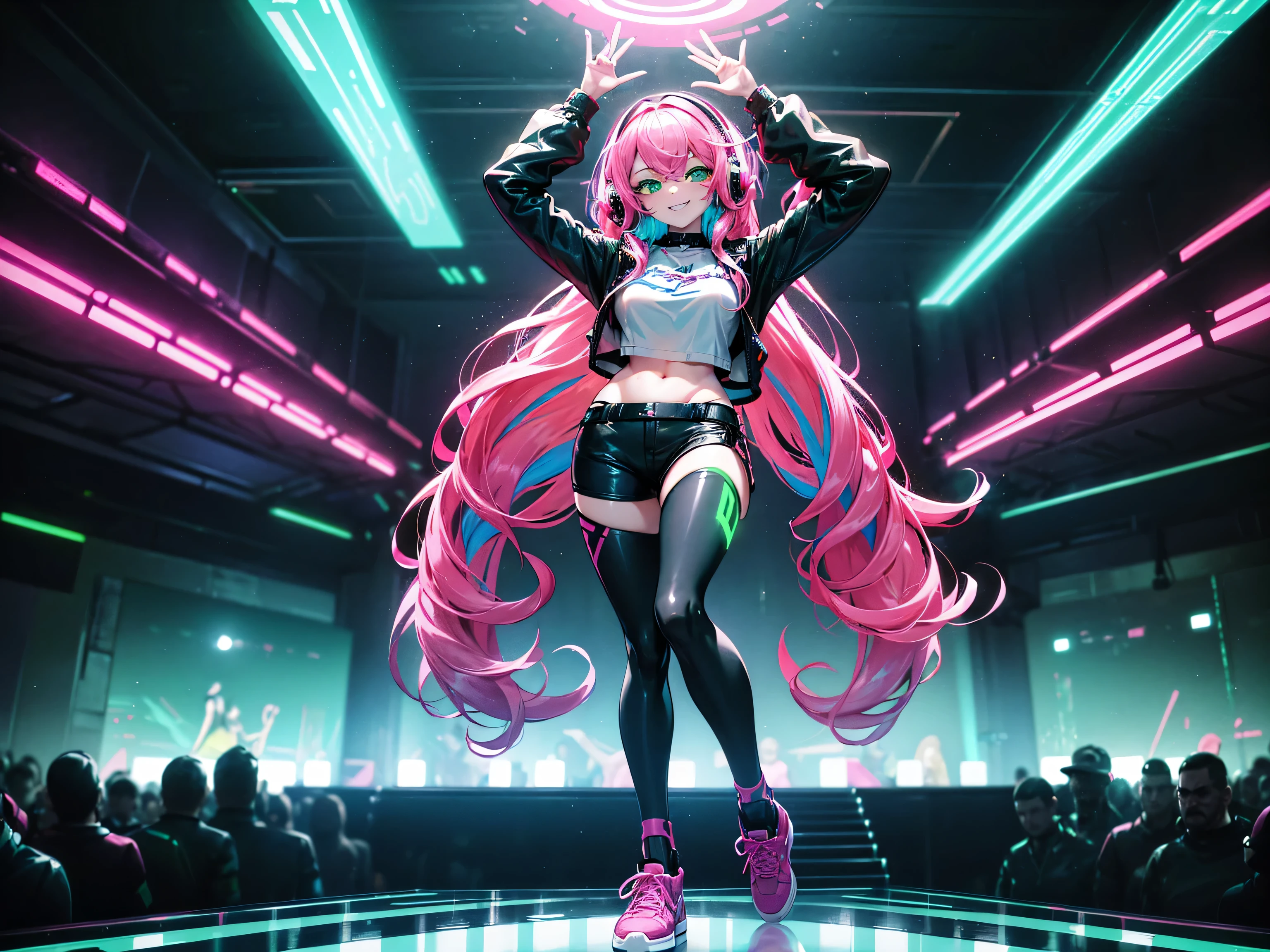 masterpiece:1.4, 1girl ((20year old, dressed in long sleeve shirt, tight black shorts, sneakers, medium breasts, multicolor pink hair, curly long hair, perfect model body, green eyes:1.4, Wearing headphones, looking up, happy, smiling, flirting, standing on a stage at a concert, neon lighting and colorful, futuristic dance club, futuristic and exciting atmosphere)) ((solo))