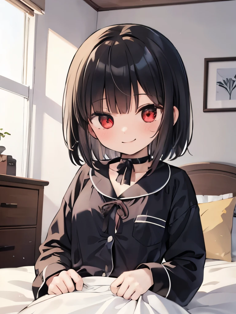 masterpiece, highest quality, girl, alone,pajamas,on the bed,red eyes,smile, blush,black hair bob,sexy face,Cheeky smirk,mischief,upward glance
