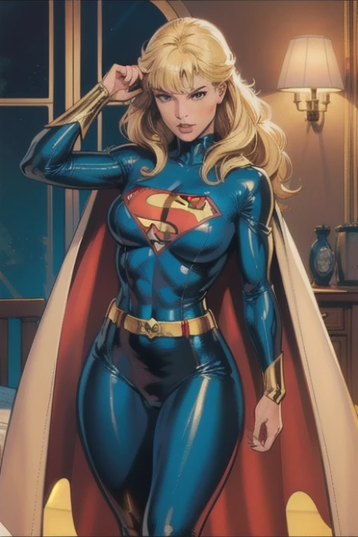 best quality, woman, super hero, straight blonde hair, bangs, cape, blue latex tight catsuit, gold belt